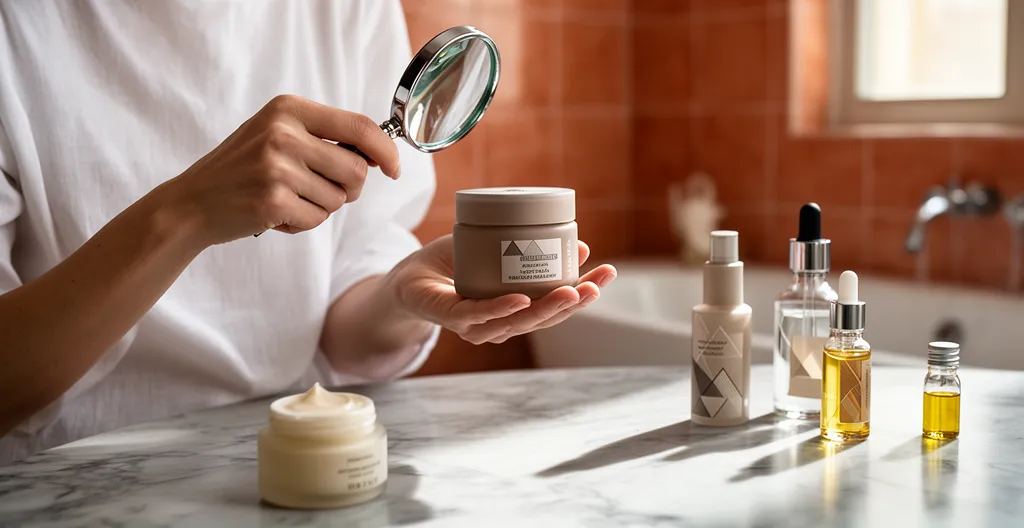 Persona che esamina attentamente l'etichetta di un prodotto cosmetico con lente d'ingrandimento