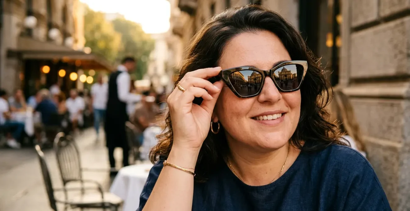 Donna con viso tondo indossa occhiali da sole squadrati che valorizzano i suoi lineamenti