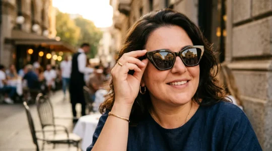 Donna con viso tondo indossa occhiali da sole squadrati che valorizzano i suoi lineamenti