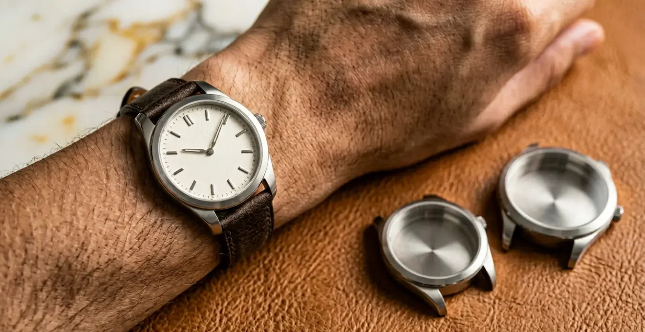 Confronto tra orologi di diverse dimensioni su un polso sottile con dettagli di eleganza italiana