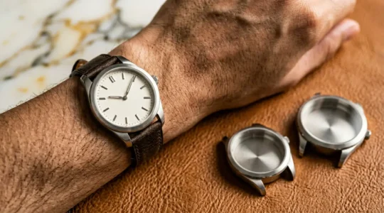 Confronto tra orologi di diverse dimensioni su un polso sottile con dettagli di eleganza italiana