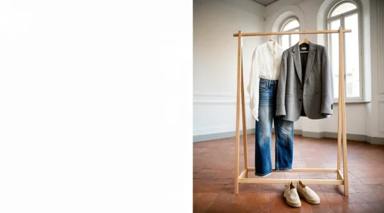 Composizione fotografica di un outfit completo sostenibile sotto i 100 euro con capi vintage e naturali