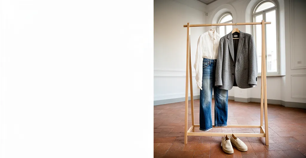 Composizione fotografica di un outfit completo sostenibile sotto i 100 euro con capi vintage e naturali