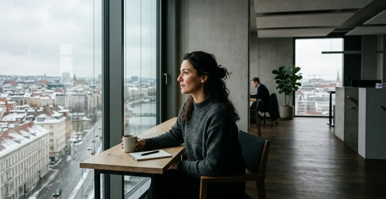 Donna che applica protezione solare vicino a finestra ufficio moderno in città invernale