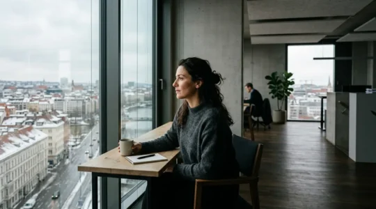 Donna che applica protezione solare vicino a finestra ufficio moderno in città invernale