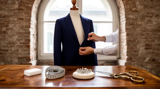 Sarta che lavora su una giacca con strumenti professionali