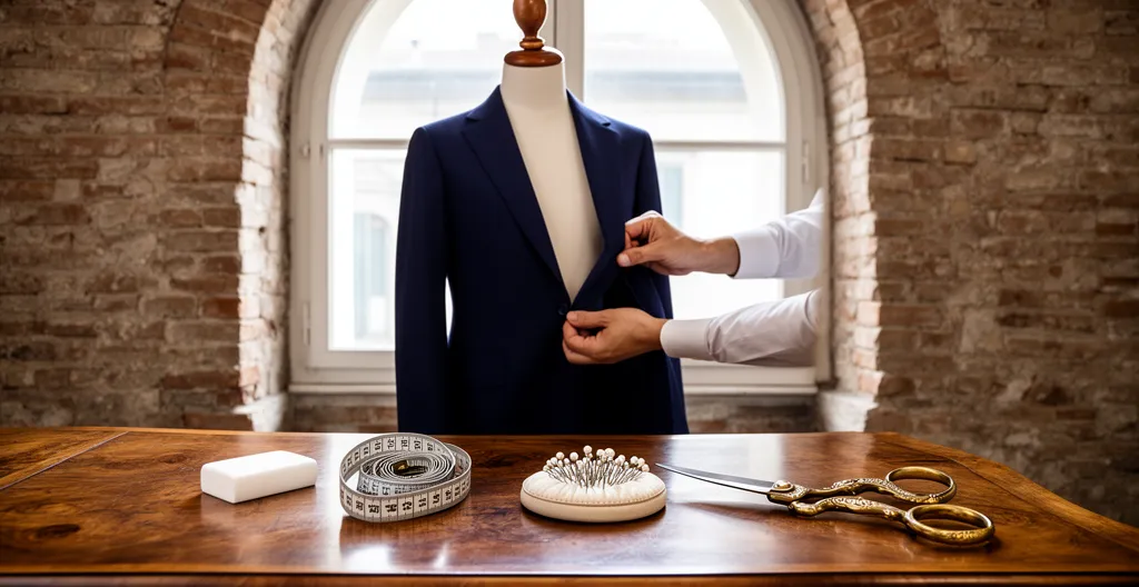 Sarta che lavora su una giacca con strumenti professionali