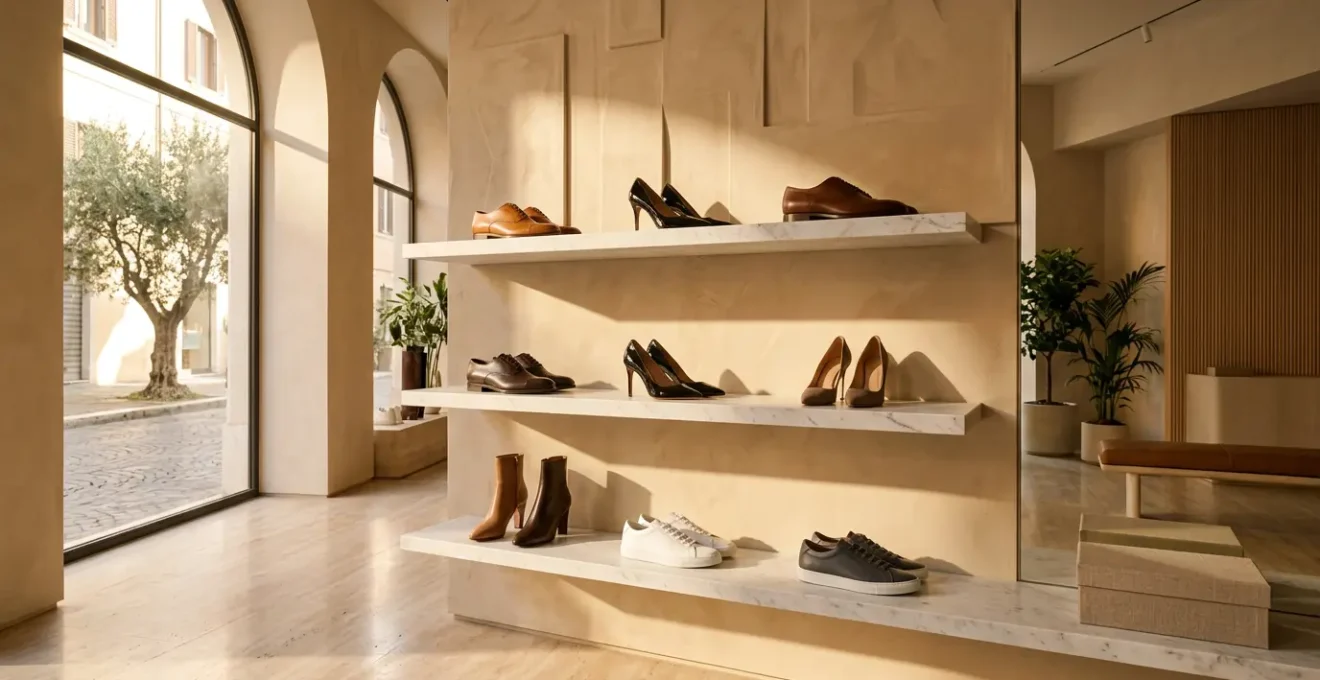 Collezione di scarpe di lusso italiano disposte su mensole illuminate, riflessi dorati su pelle pregiata