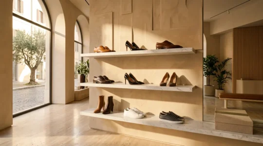 Collezione di scarpe di lusso italiano disposte su mensole illuminate, riflessi dorati su pelle pregiata