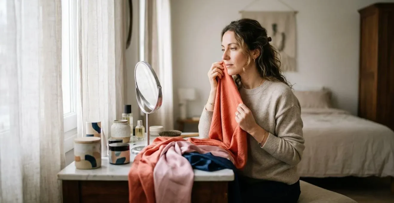 Donna italiana davanti allo specchio analizza la propria palette cromatica con drappi colorati