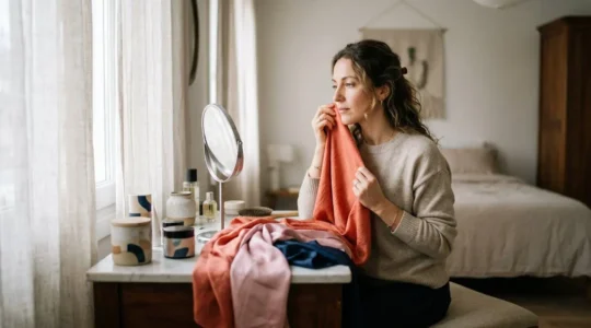 Donna italiana davanti allo specchio analizza la propria palette cromatica con drappi colorati