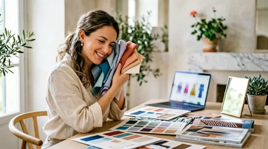 Donna analizza colori di tessuti davanti al computer per shopping online basato sulla sua palette armocromatica