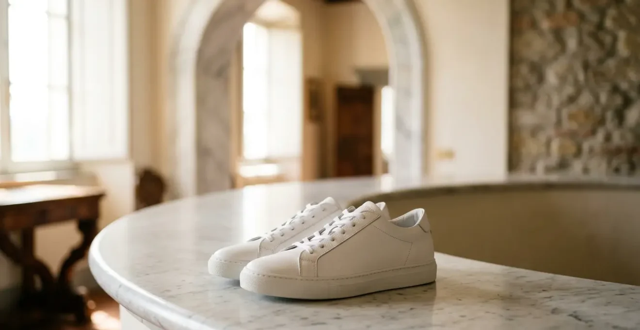 Paio di sneakers di lusso bianche immerse in luce naturale con prodotti di pulizia premium