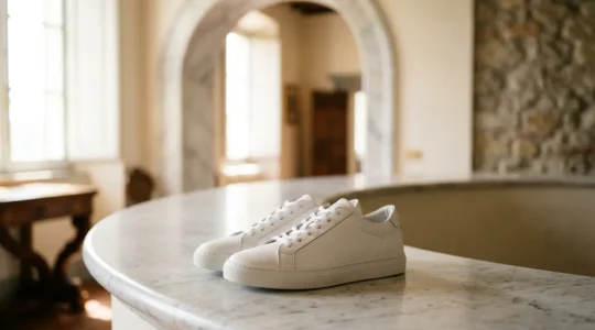 Paio di sneakers di lusso bianche immerse in luce naturale con prodotti di pulizia premium