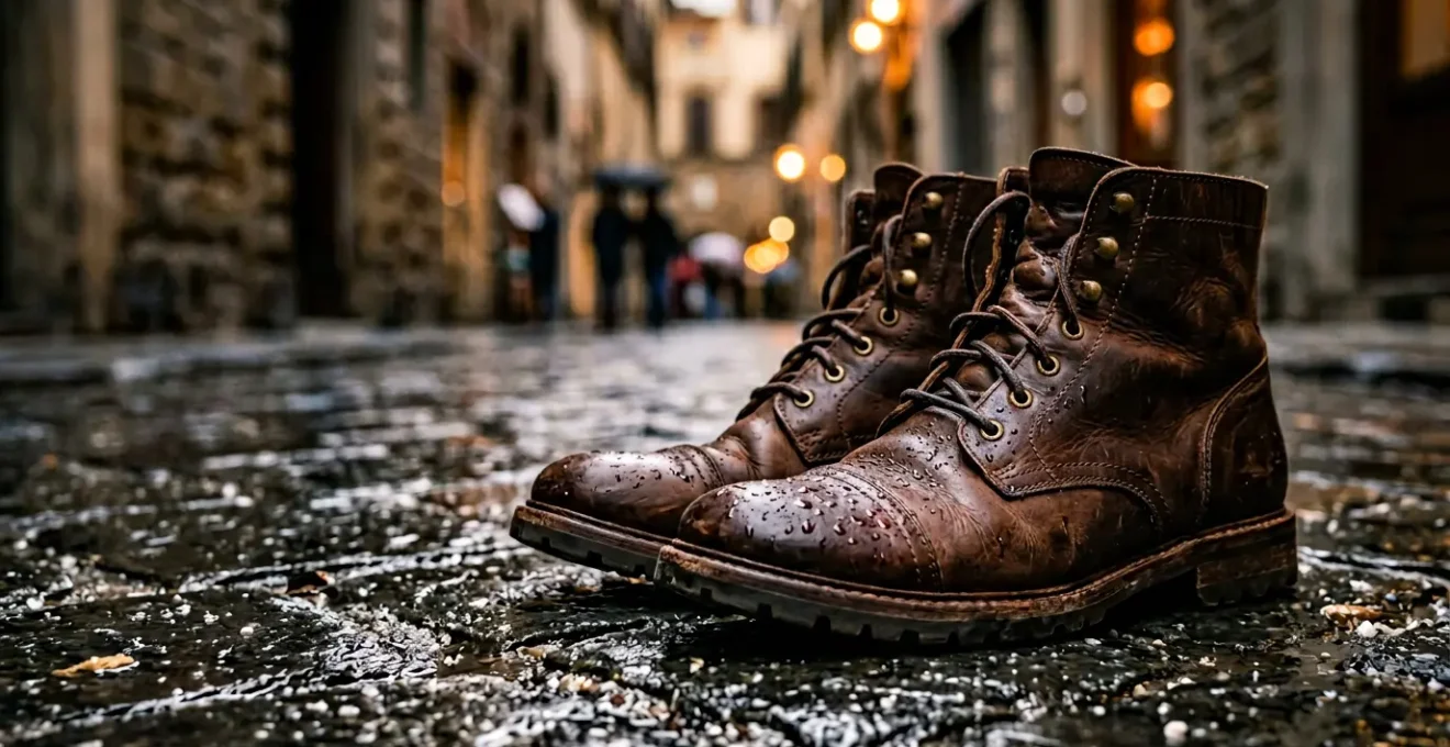 Stivaletti in pelle marrone con gocce d'acqua che scivolano sulla superficie, ambientazione urbana italiana