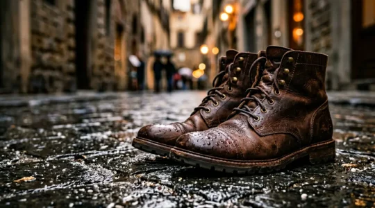 Stivaletti in pelle marrone con gocce d'acqua che scivolano sulla superficie, ambientazione urbana italiana