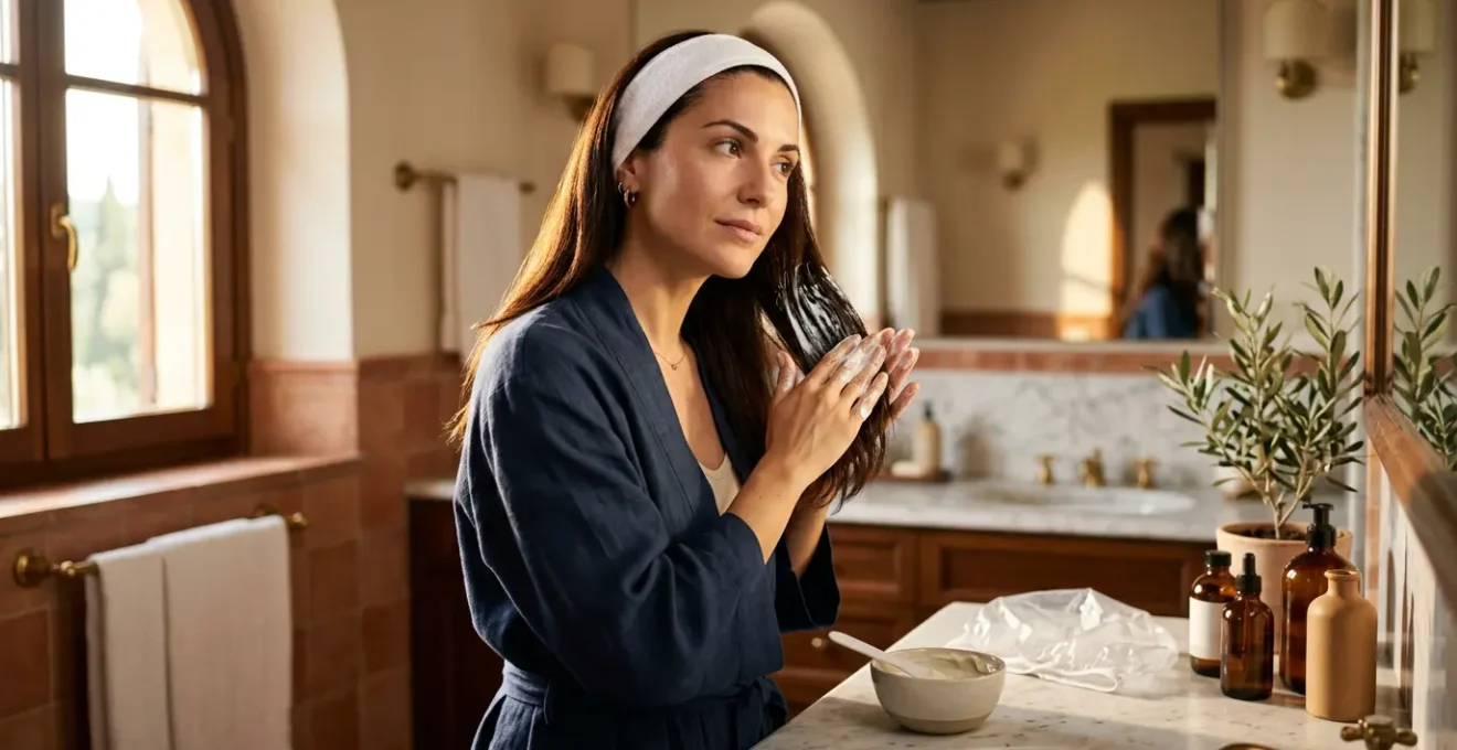 Donna con capelli lucidi applica maschera sotto cuffia termica in ambiente spa italiano