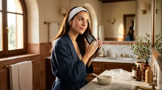 Donna con capelli lucidi applica maschera sotto cuffia termica in ambiente spa italiano