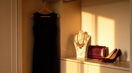 Trasformazione elegante di un outfit base in look da sera con accessori dorati