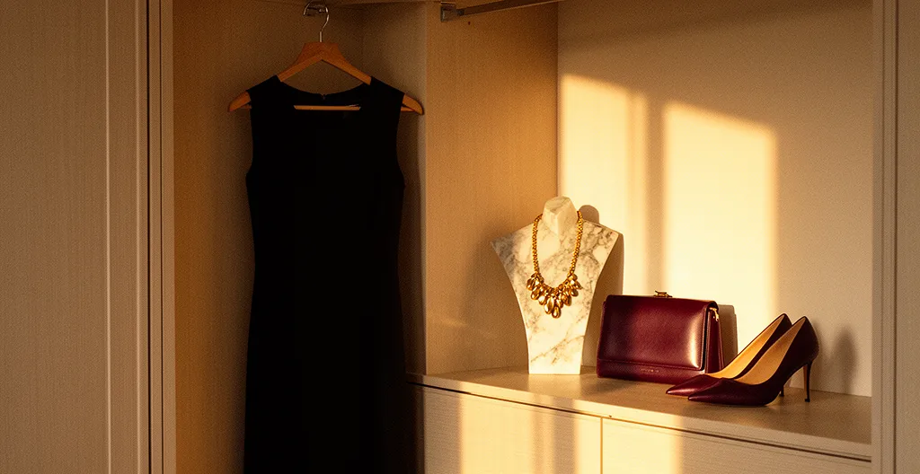 Trasformazione elegante di un outfit base in look da sera con accessori dorati