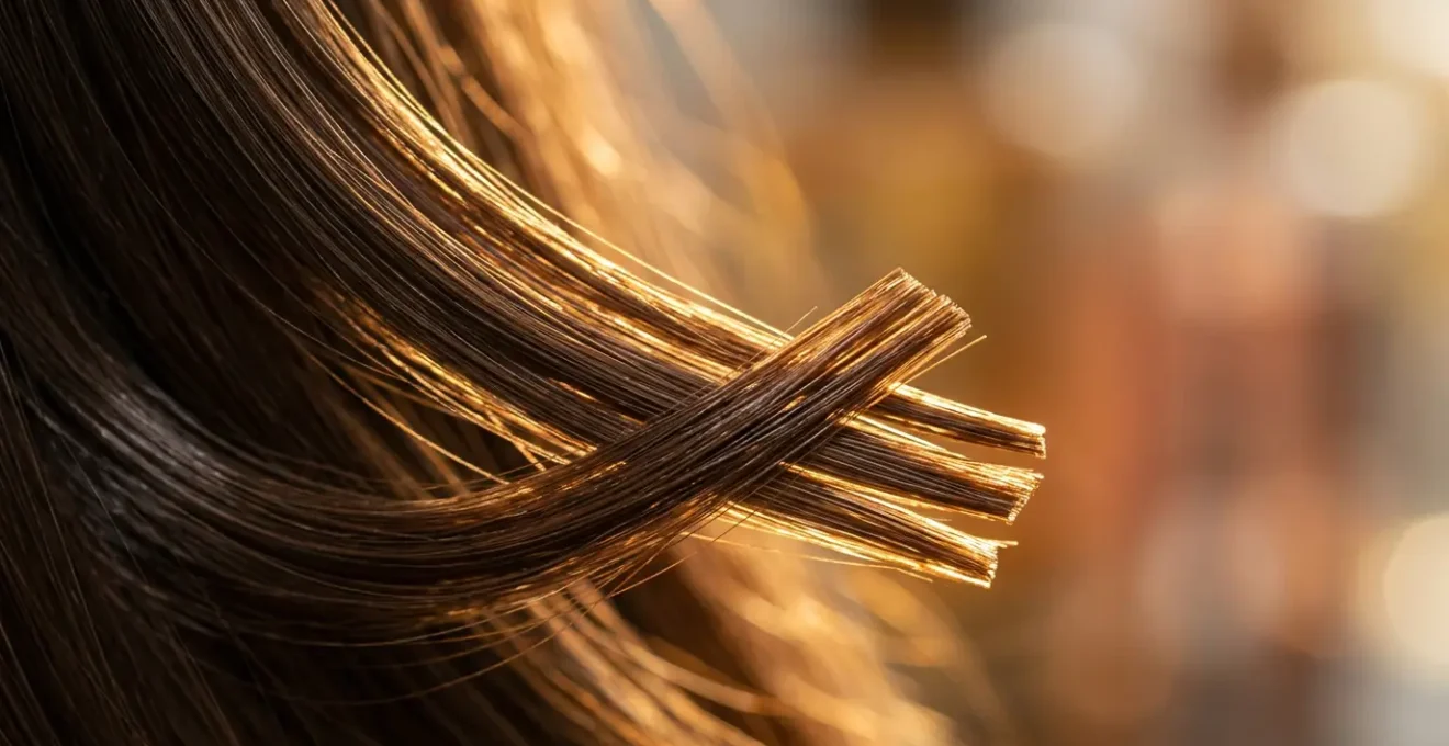 Primo piano di ciocche di capelli lucidi e sani con focus sulle punte perfettamente sigillate