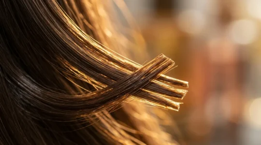 Primo piano di ciocche di capelli lucidi e sani con focus sulle punte perfettamente sigillate