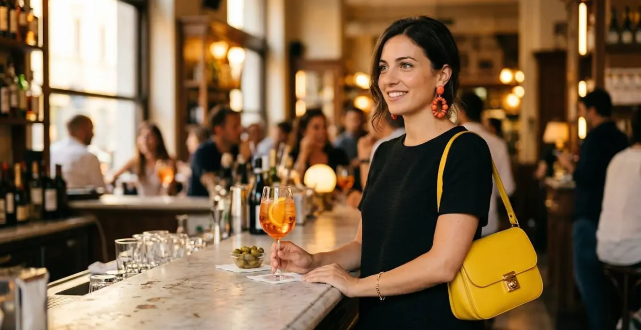 Elegante donna italiana con tubino nero trasformato per aperitivo, accessori colorati e ambiente vivace milanese