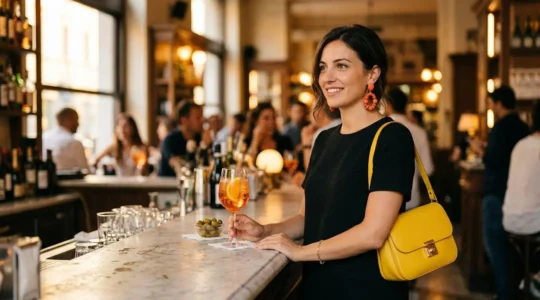 Elegante donna italiana con tubino nero trasformato per aperitivo, accessori colorati e ambiente vivace milanese