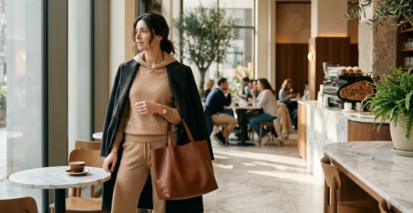Donna elegante con tuta sportiva abbinata a cappotto cammello e accessori di lusso in un caffè italiano