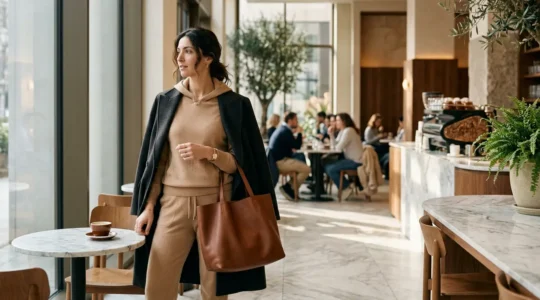 Donna elegante con tuta sportiva abbinata a cappotto cammello e accessori di lusso in un caffè italiano