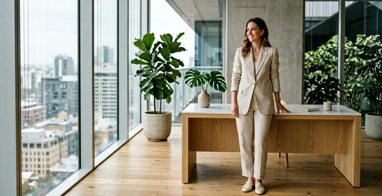 Outfit professionale estivo in ufficio moderno con donna elegante