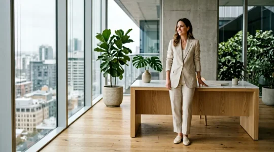 Outfit professionale estivo in ufficio moderno con donna elegante