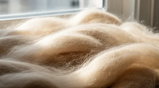 Dettaglio ravvicinato di una fibra di cashmere di alta qualità che mostra la sua texture setosa e morbida