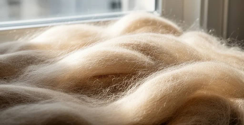 Dettaglio ravvicinato di una fibra di cashmere di alta qualità che mostra la sua texture setosa e morbida