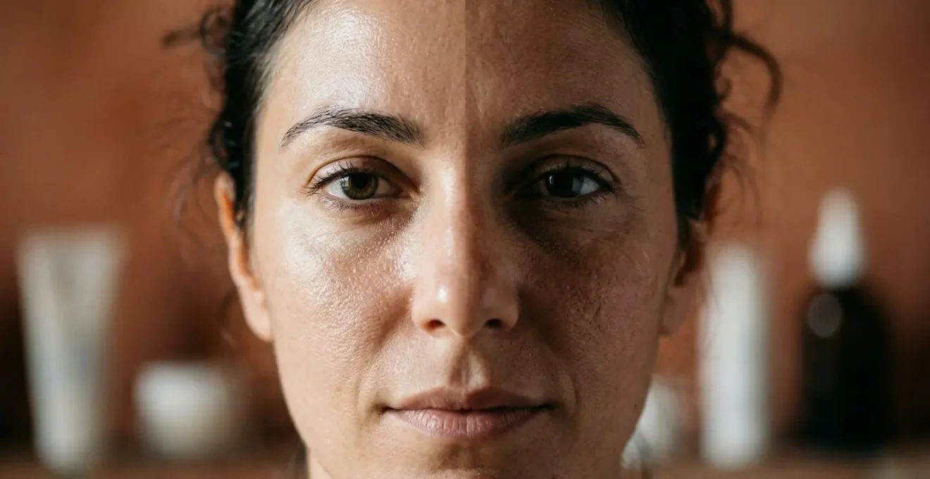 Primo piano di viso femminile con texture cutanea diversificata tra guancia idratata e zona secca