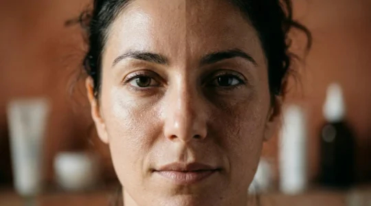 Primo piano di viso femminile con texture cutanea diversificata tra guancia idratata e zona secca