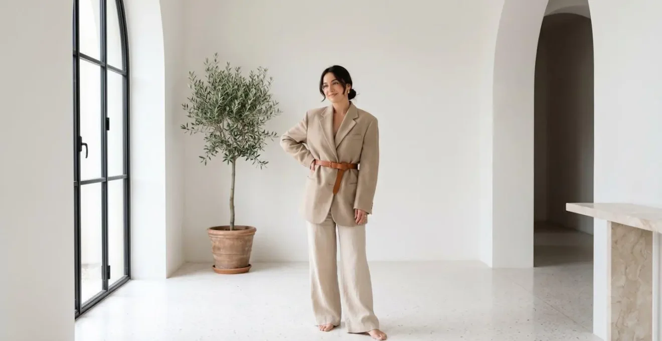 Donna con blazer oversize beige cinturato in vita, in un ambiente minimalista ed elegante