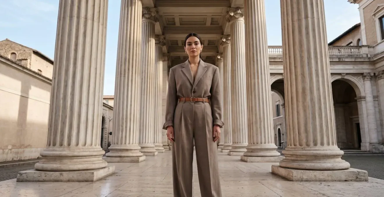 Donna petite con blazer oversize e pantaloni a vita alta che creano verticalità