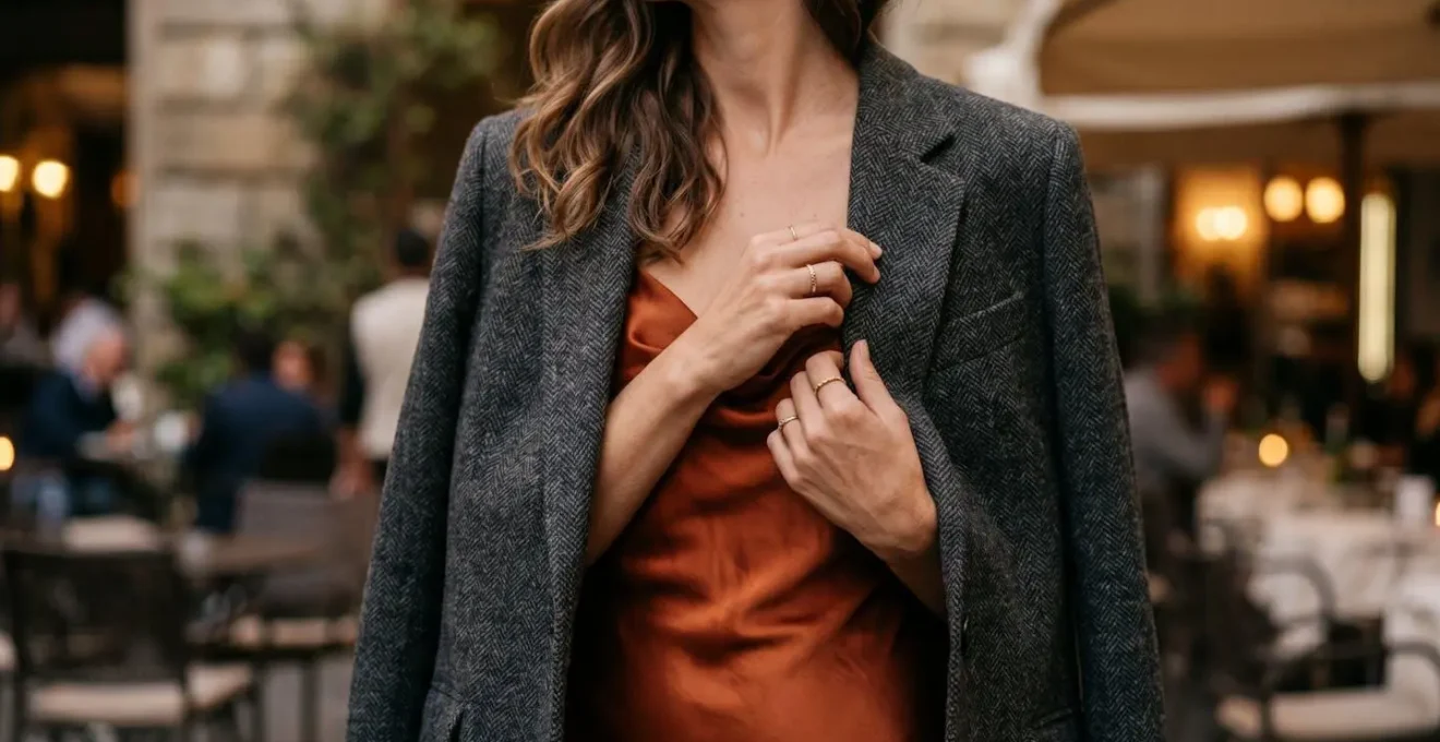Blazer strutturato indossato sopra abito fluido in seta con proporzioni bilanciate