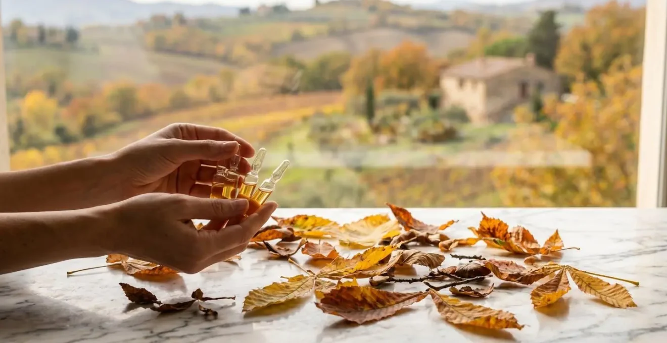 Mani che tengono fiale anticaduta con foglie autunnali sullo sfondo