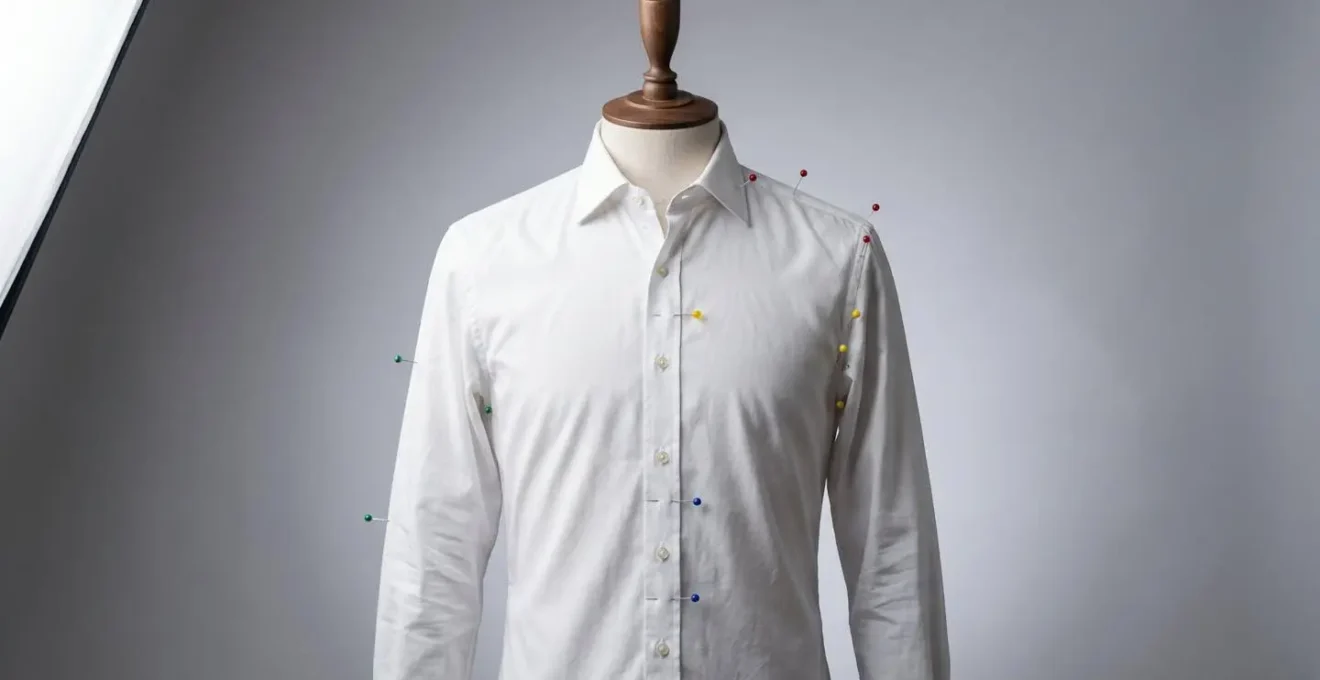 Camicia su manichino con punti di misurazione evidenziati su spalla, seno, vita e manica.