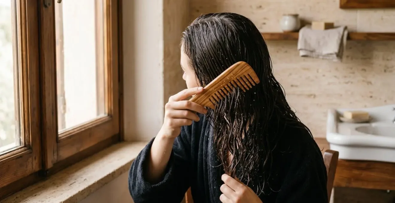 Pettine in legno naturale che attraversa delicatamente capelli bagnati con gocce d'acqua