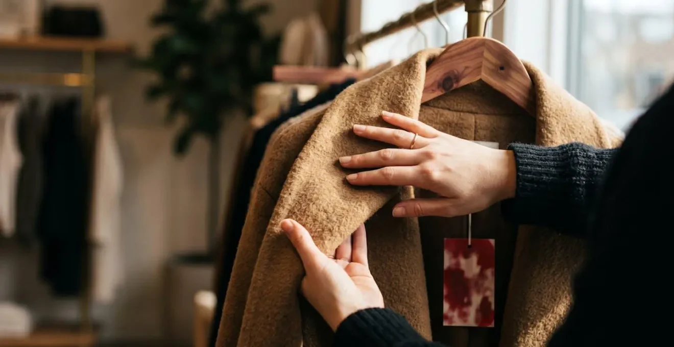Cappotto color cammello di alta qualità appeso su gruccia di cedro con etichetta saldi