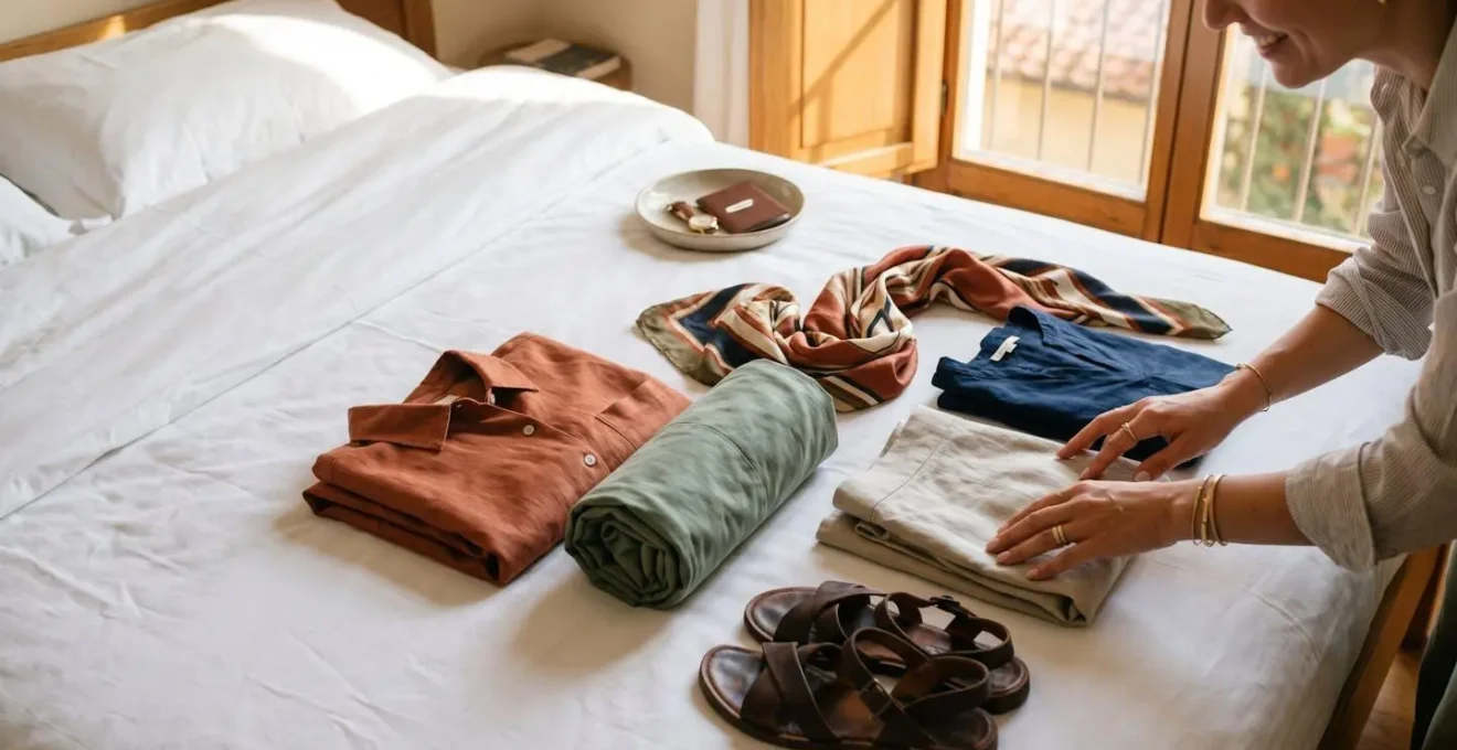 Un capsule wardrobe perfettamente organizzato sul letto secondo il metodo 5-4-3-2-1, con colori mediterranei.