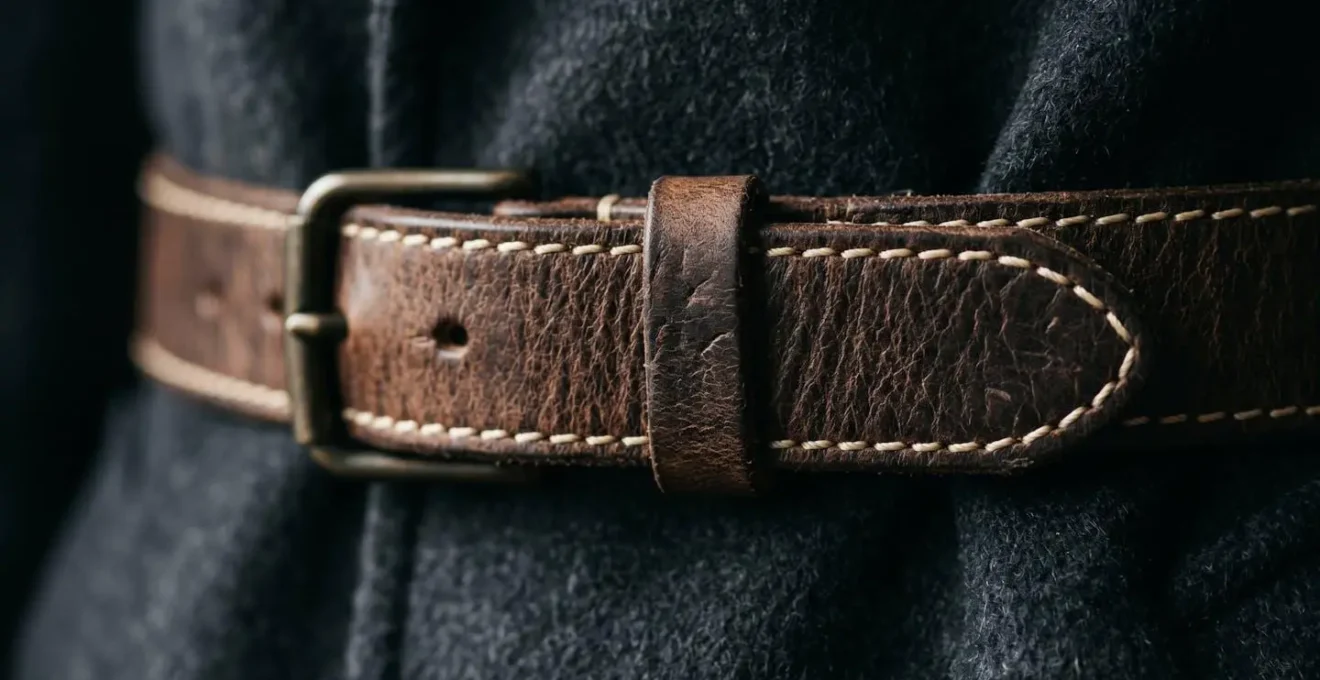 Dettaglio di una cintura in pelle toscana di alta qualità che trasforma l'aspetto di un cappotto classico