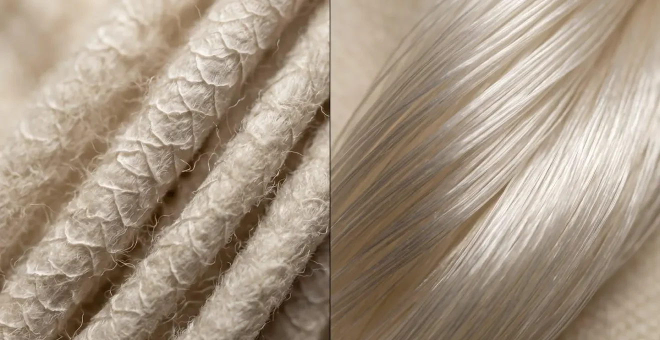 Vista macro ravvicinata di fibre di lana merino e seta sotto luce naturale