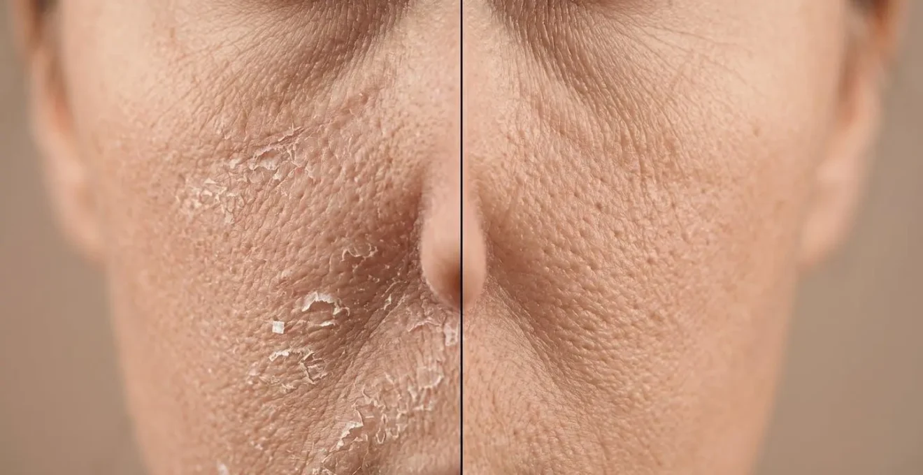 Confronto ravvicinato tra texture di pelle secca con scaglie e pelle disidratata con linee sottili