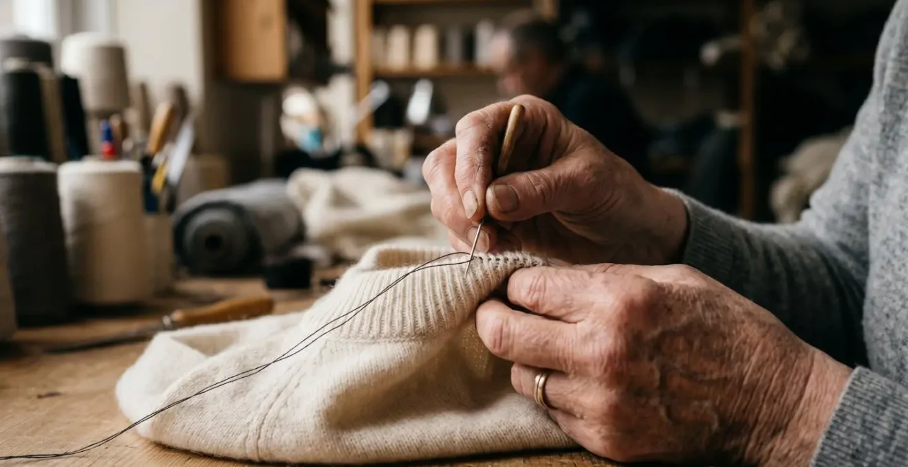 Dettaglio del rimaglio a mano su un maglione di cashmere di alta qualità italiana