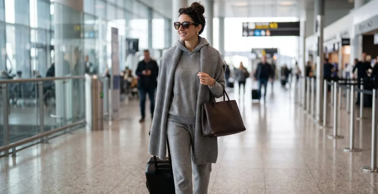 Viaggiatrice elegante in aeroporto con tuta cashmere e accessori raffinati