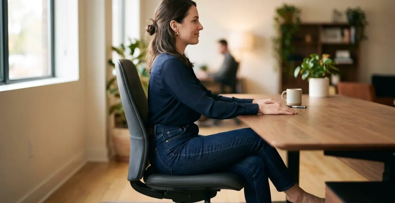 Donna seduta alla scrivania con jeans a vita alta in posizione ergonomica